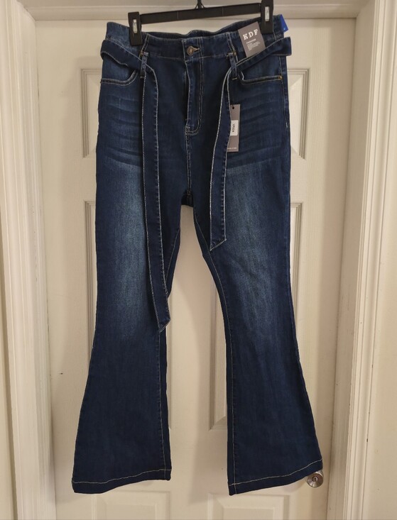 kdf Denim - NWT-KDF High Rise Belted Flare Jeans Women Plus Size 16 Dark Wash Stretch Denim